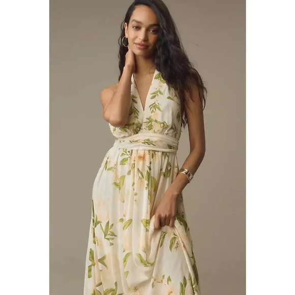 NWT Farm Rio Anthropologie V-Neck Floral Chiffon Maxi Dress Sz S Neutral #9J408 - Picture 3 of 12